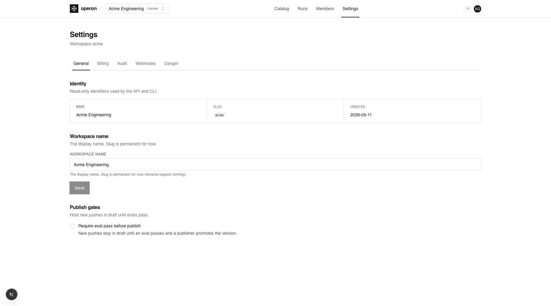 Operon workspace settings — General, Billing, Audit, Webhooks, Danger sub-tabs with workspace identity strip and publish-gate toggle